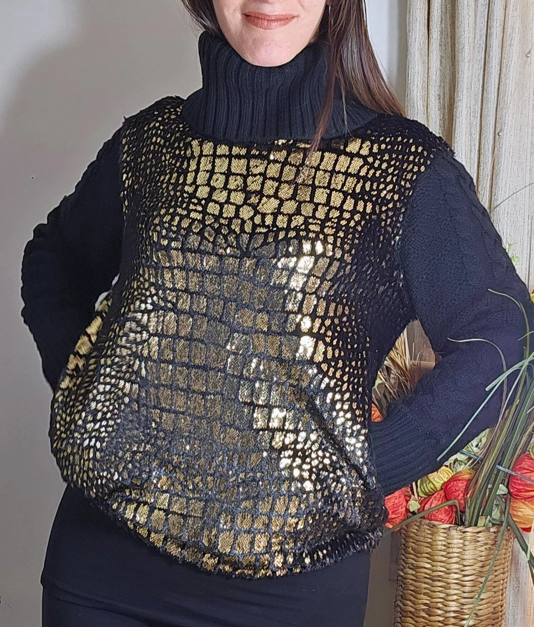 gold and black turtle neck style in preloved condition on sale in Auckland