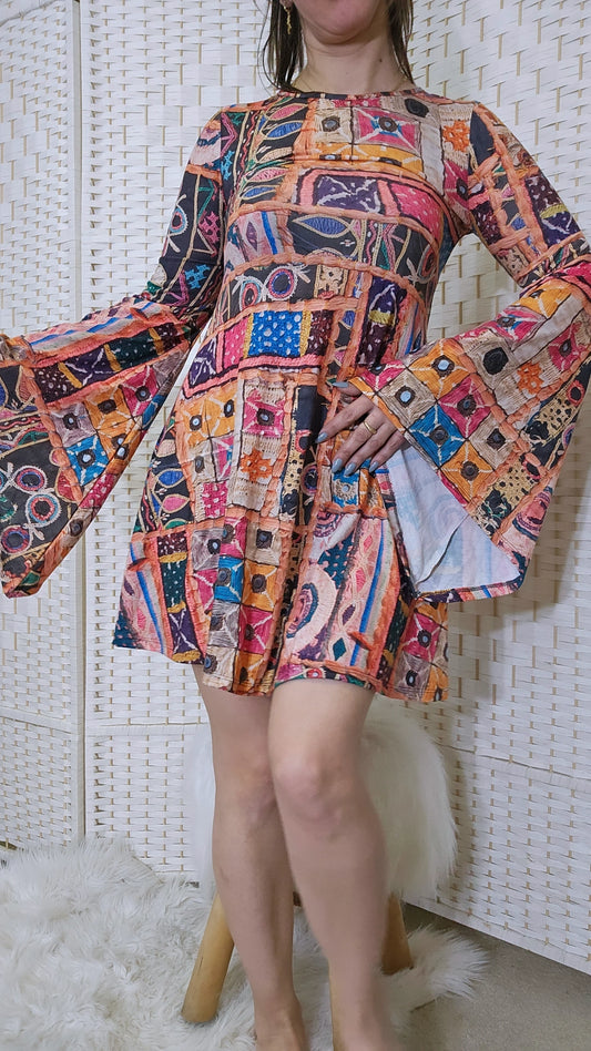 multicolored geometric patterned dress with flared sleeves, size small & size medium in Auckland