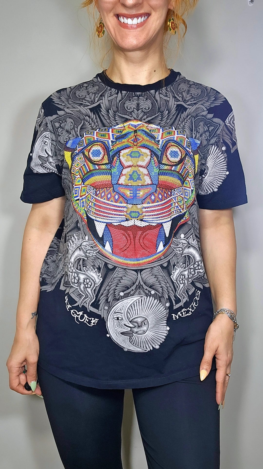 AY GUEY! Mexican top Black Short Sleeve T-Shirt Colorful Jaguar Tee T-Shirt Tee second-hand find