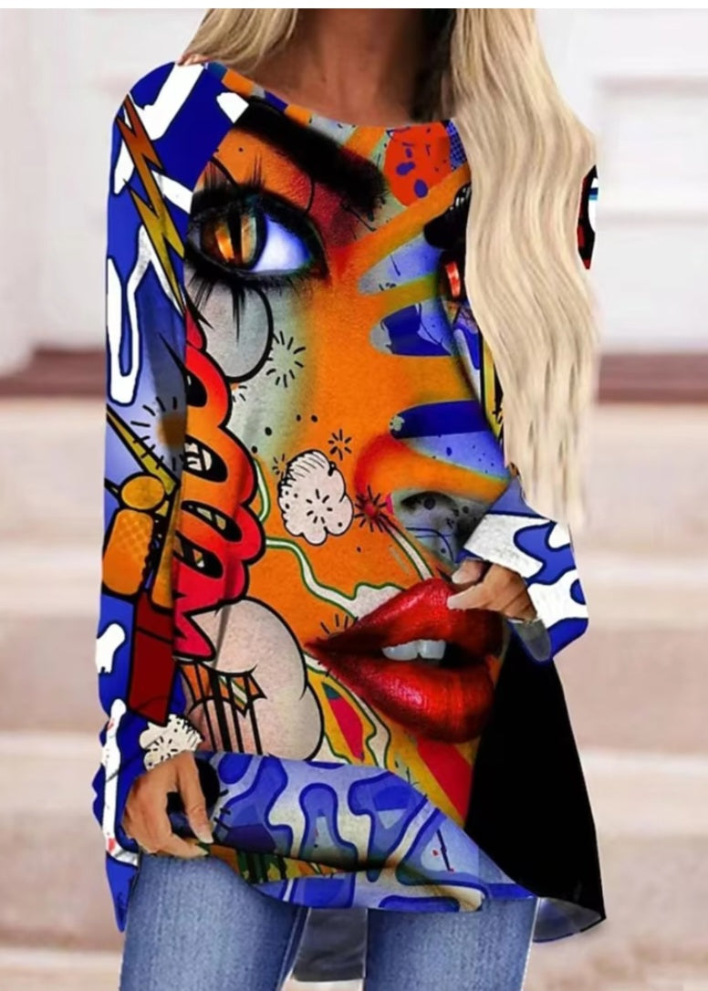 Abstract Face Printed Top Tee Long Sleeve Shirt Women Pullover Used Top