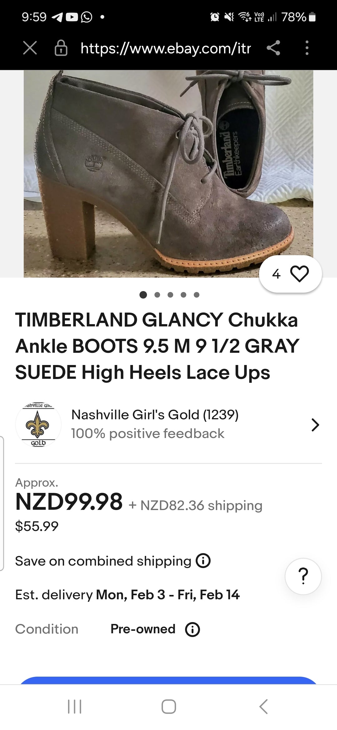 Stunning TIMBERLAND GLANCY Chukka Ankle BOOTS SUEDE High Heels Lace UpsBoots Size 38.