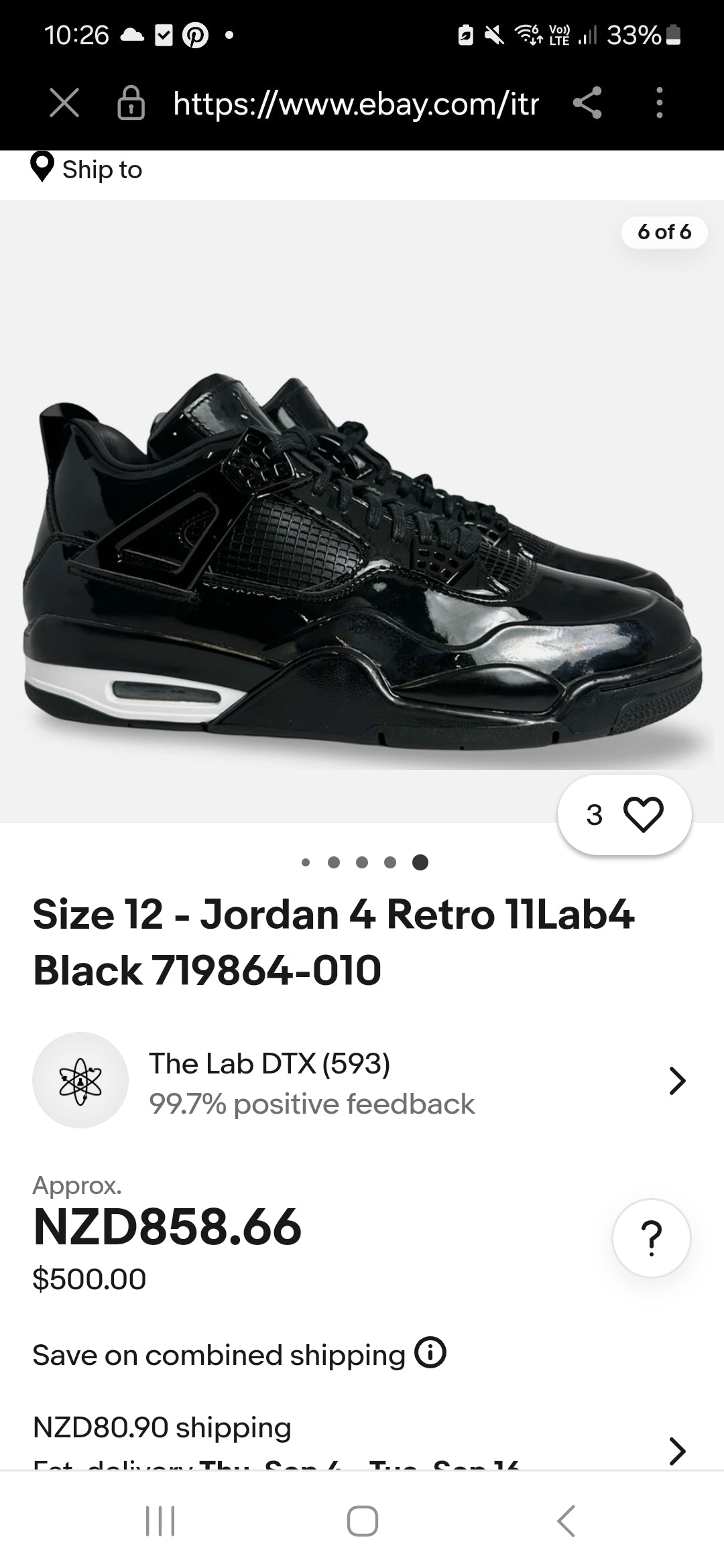 Air Jordan 4 Retro '11Lab4 - Black' Size 9US/42.5Eu 27cm