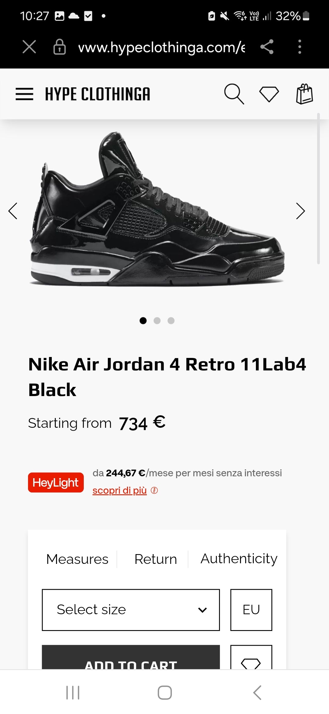 Air Jordan 4 Retro '11Lab4 - Black' Size 9US/42.5Eu 27cm
