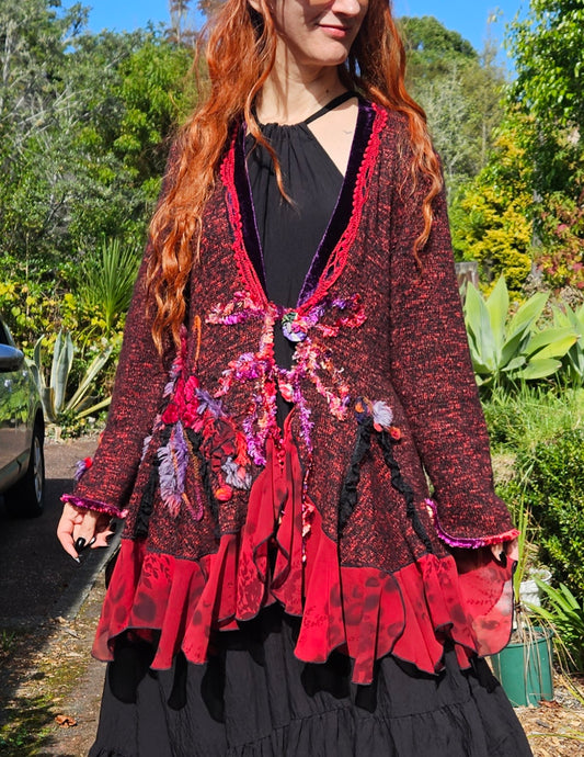 burgundy knit cardigan with floral-shaped buttons and silk ruffles bohemian stye handmade super cute in good used condition. pick up in Auckland or at delivery fees