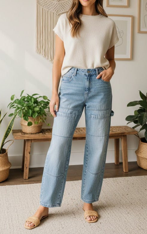 cargo pants, light blue jeans