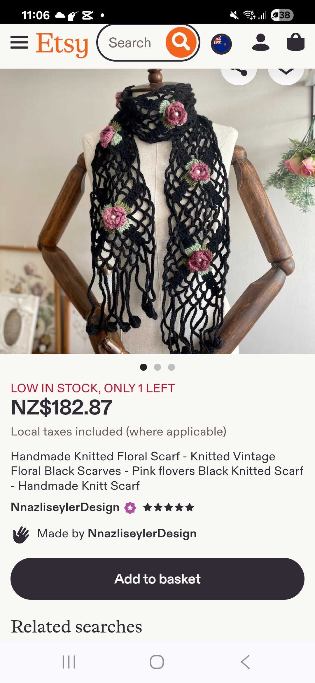 Stunning Handmade Knitted Floral Scarf