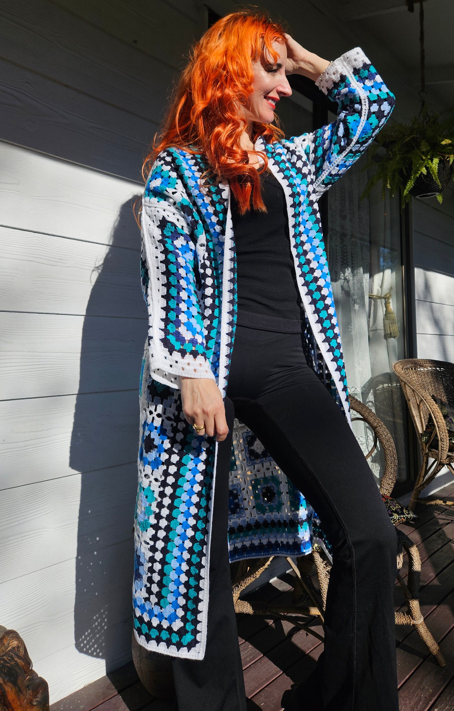 Blue and White Patterned Crochet Cardigan- Preloved Cardigan