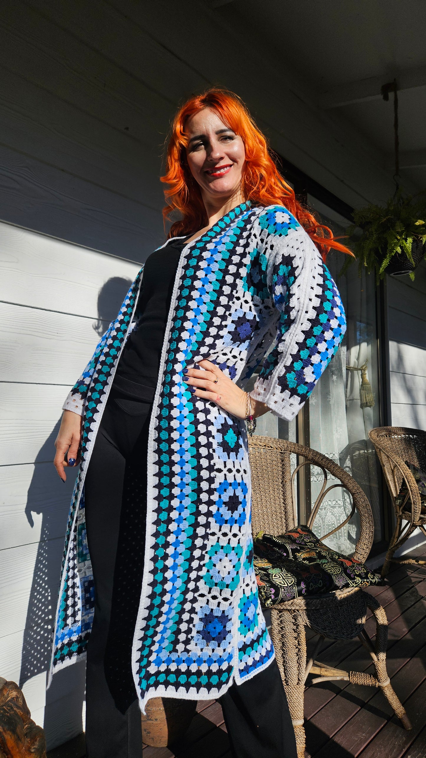 Blue and White Patterned Crochet Cardigan- Preloved Cardigan