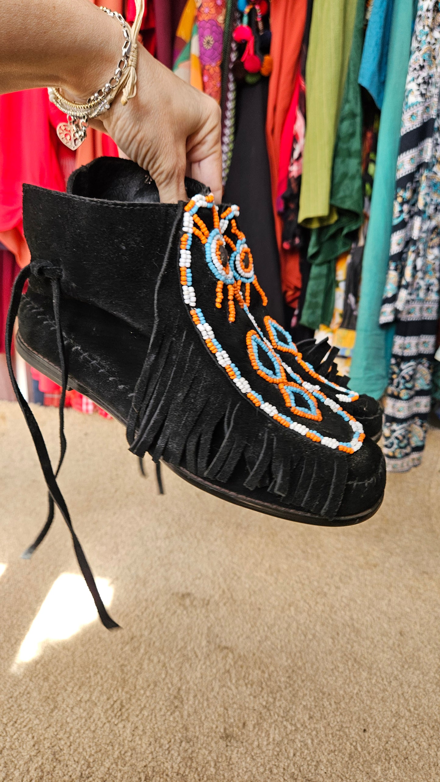 Women's Fringed Inca Suede Moccasin Boots Black Leather Boots - Preloved Boots