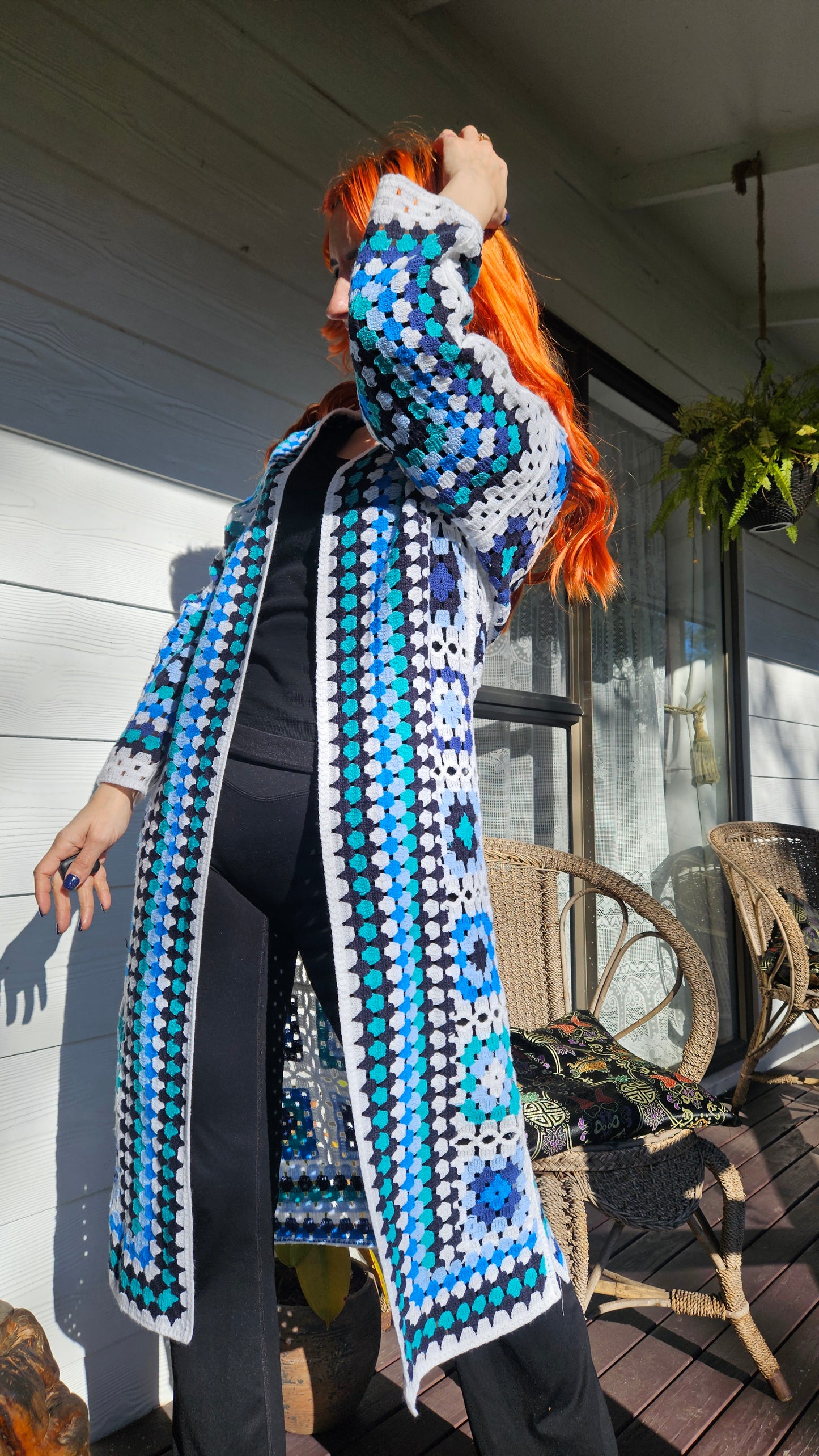Blue and White Patterned Crochet Cardigan- Preloved Cardigan