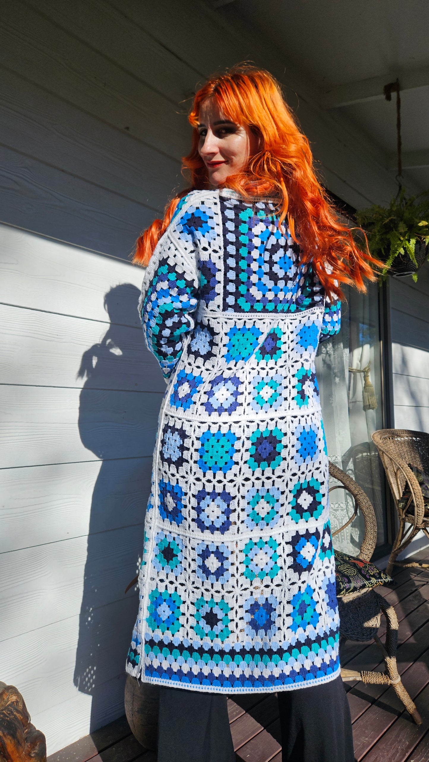 Blue and White Patterned Crochet Cardigan- Preloved Cardigan
