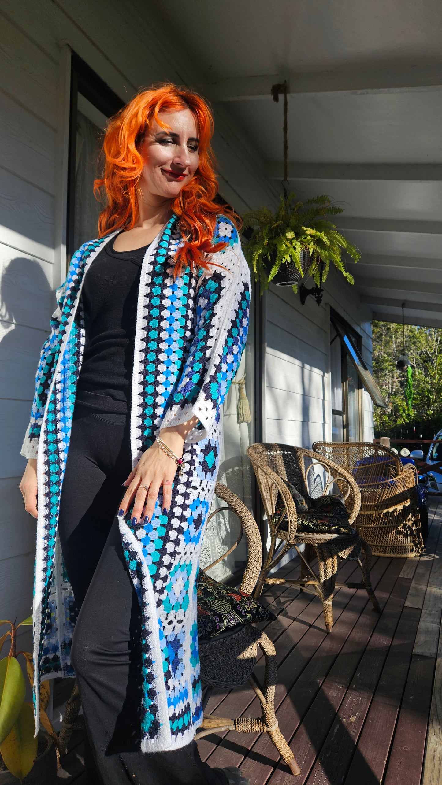 Blue and White Patterned Crochet Cardigan- Preloved Cardigan