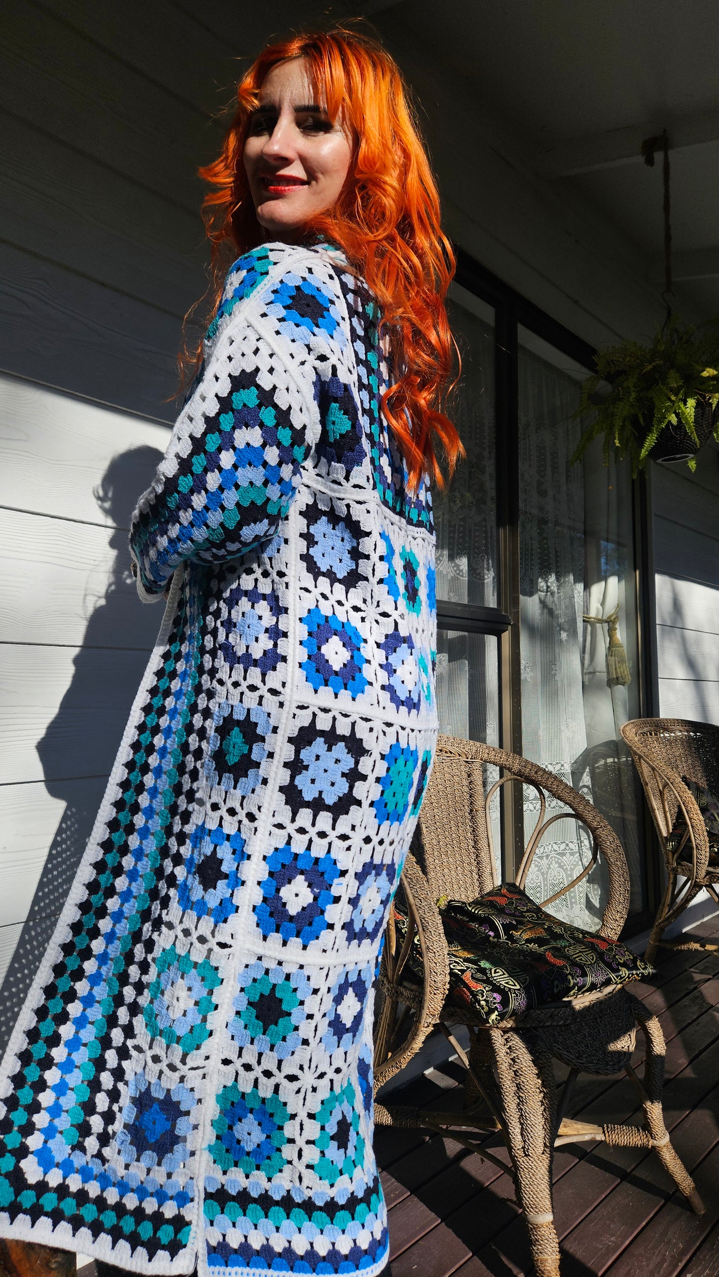 Blue and White Patterned Crochet Cardigan- Preloved Cardigan
