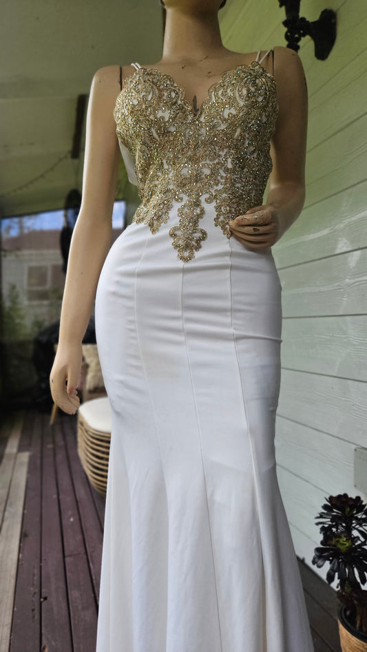 Evening Dress In Paris Embellished Dress - Cream Gold Dress