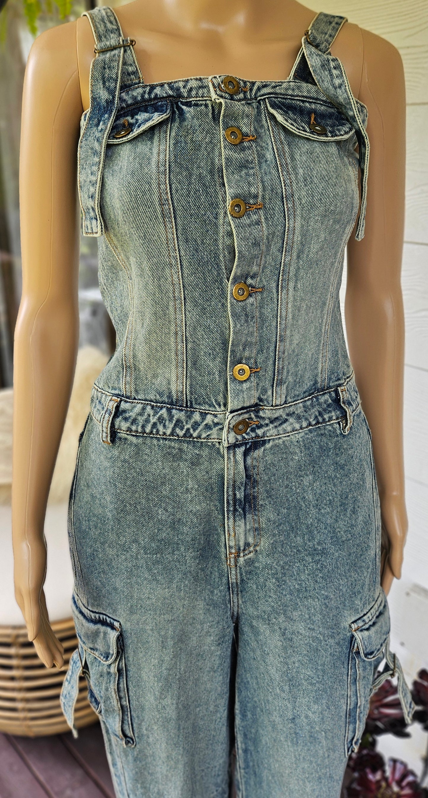 Unique Colombian Wide Leg Denim Jumpsuit Cargo style Size S.