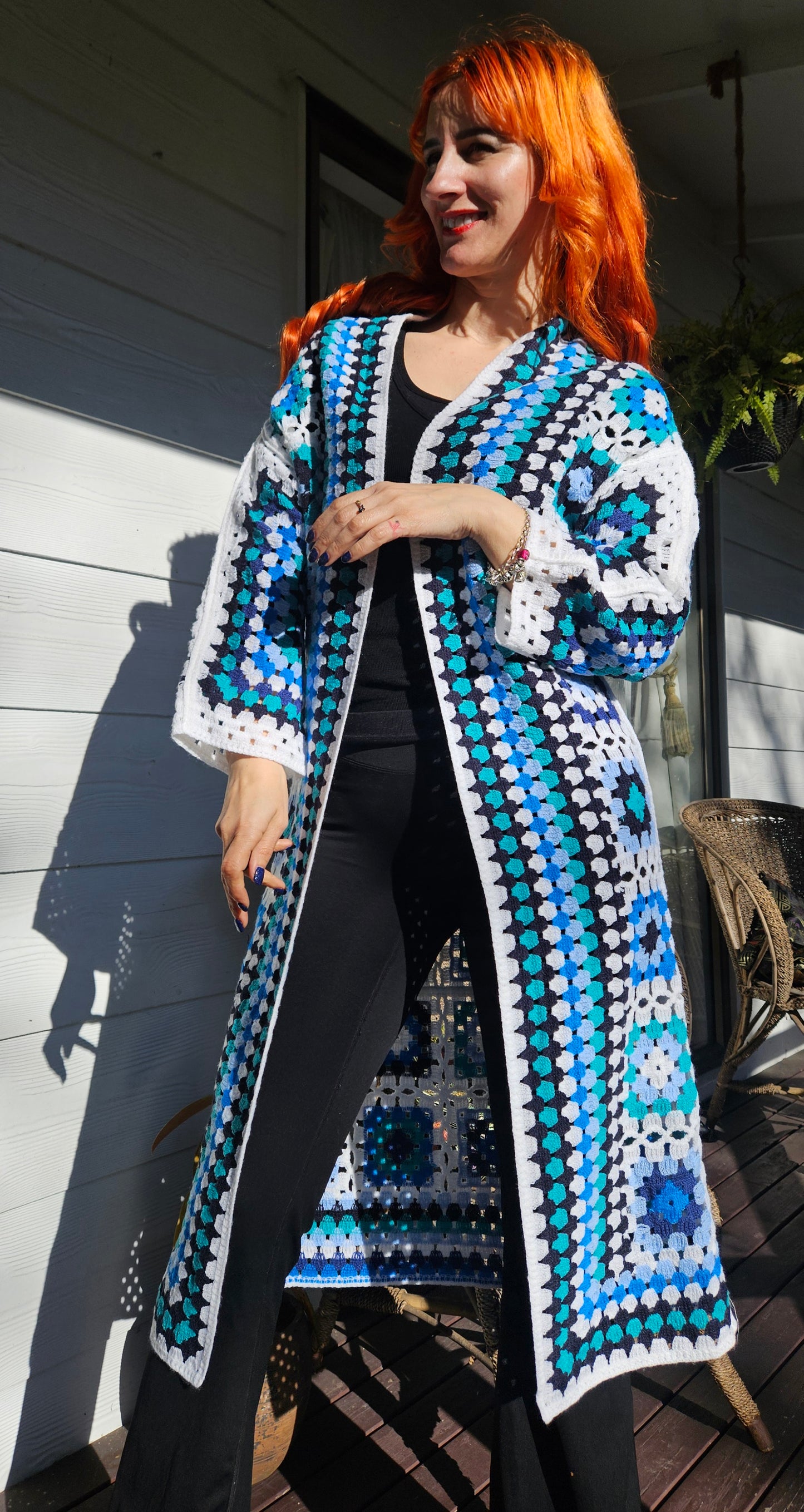 Blue and White Patterned Crochet Cardigan- Preloved Cardigan