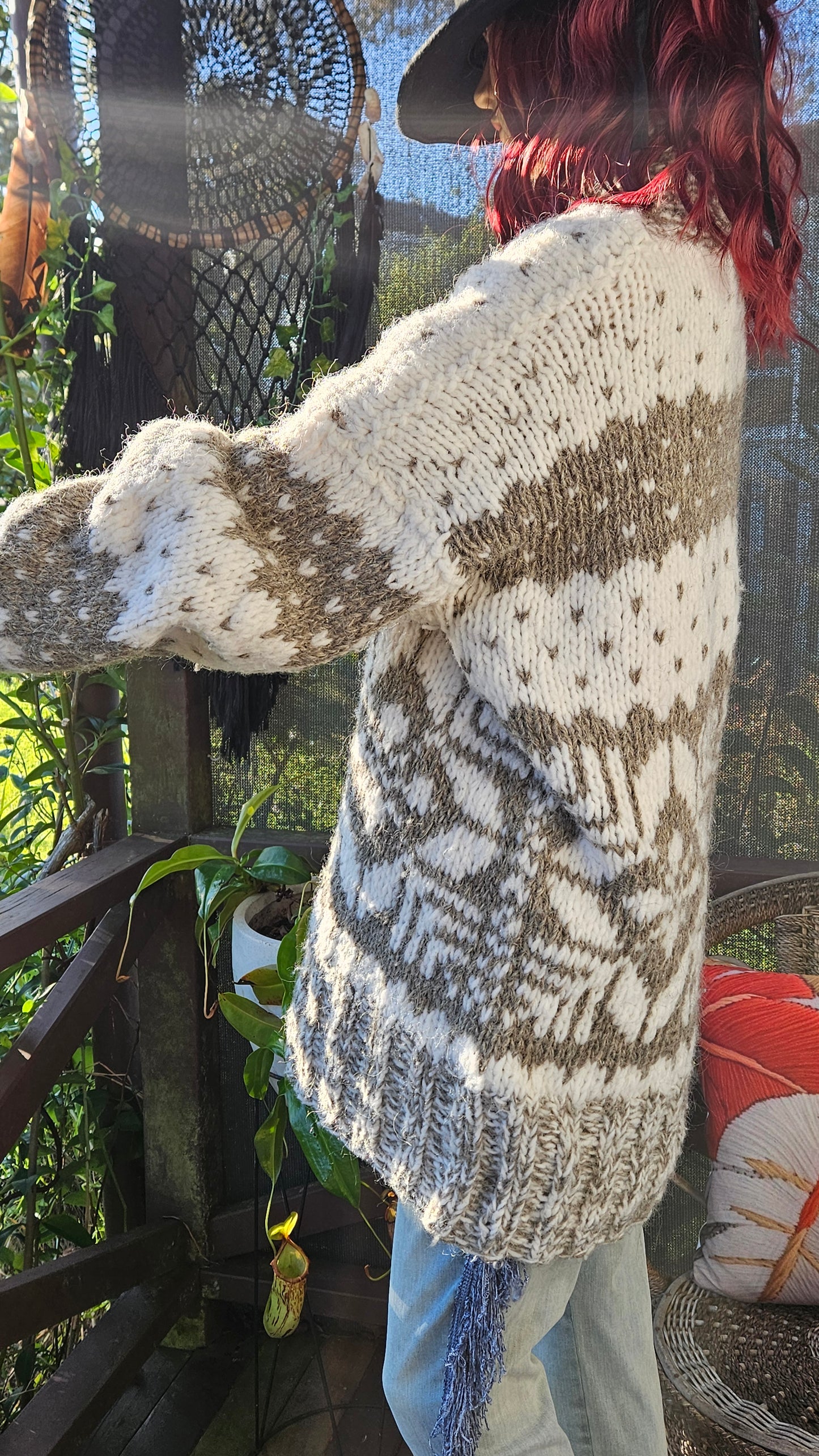 Vintage, hand-knitted Cowichan-style pullover sweater