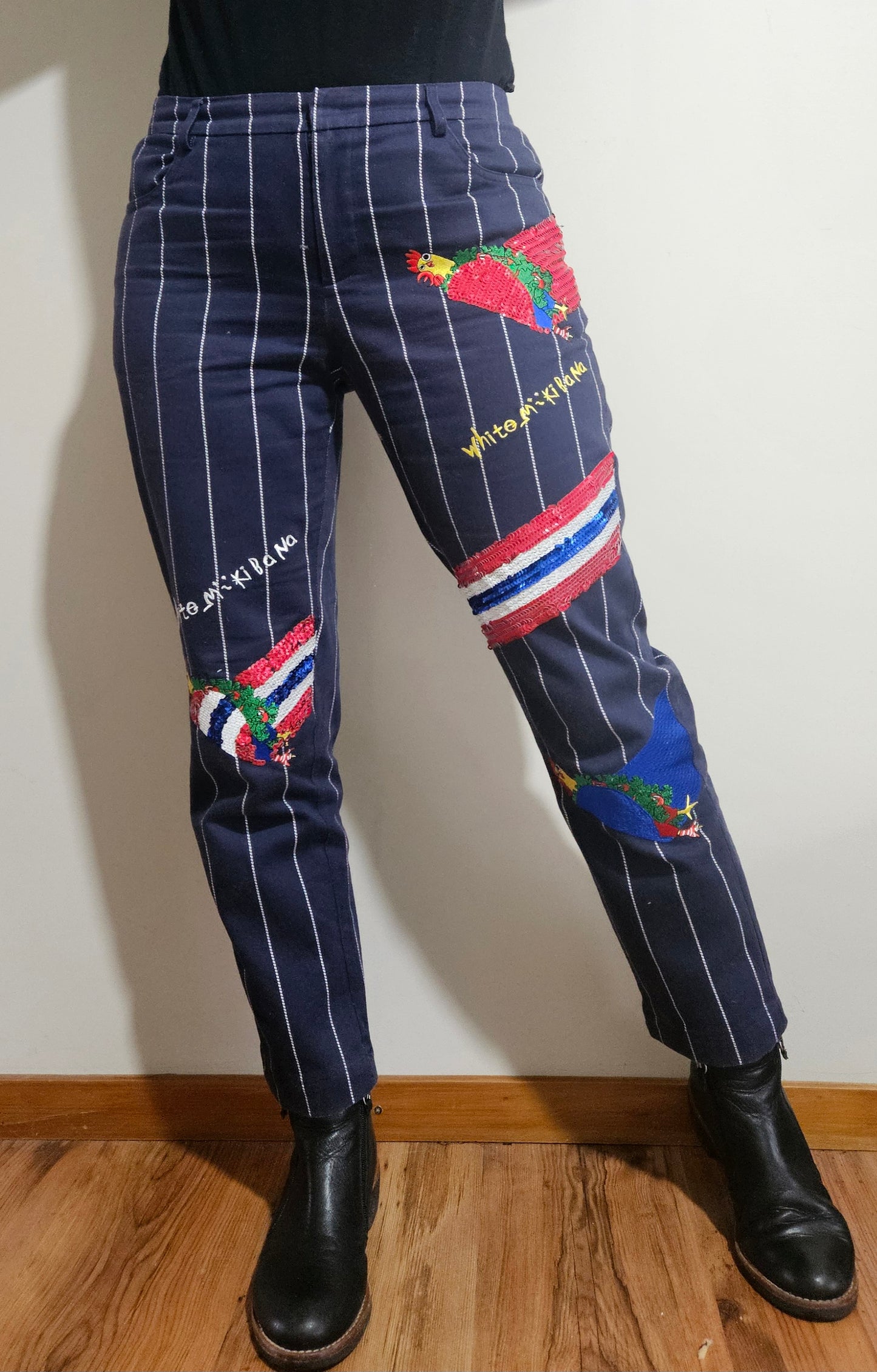 White Mikibana Ladies Embroidered and Sequin Jeans In Blue