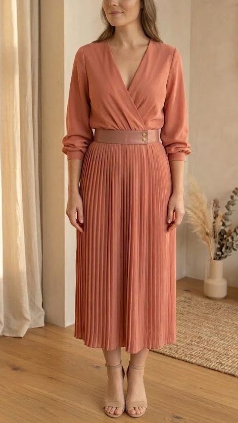 coral wrap midi dress in good preloved condition. Size medium Available online at paothrift.co.nz or purchasing in Auckland