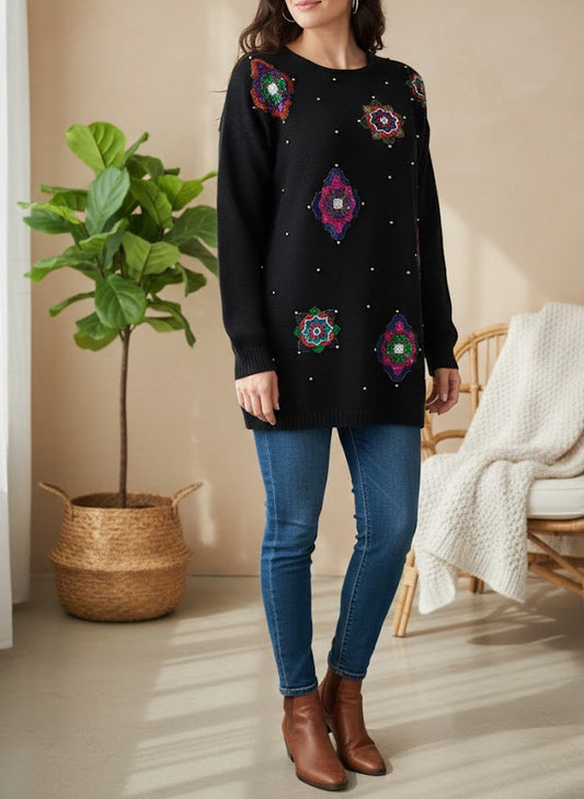 vintage black sweater with colorful patterns in good preloved condition available online and auckland