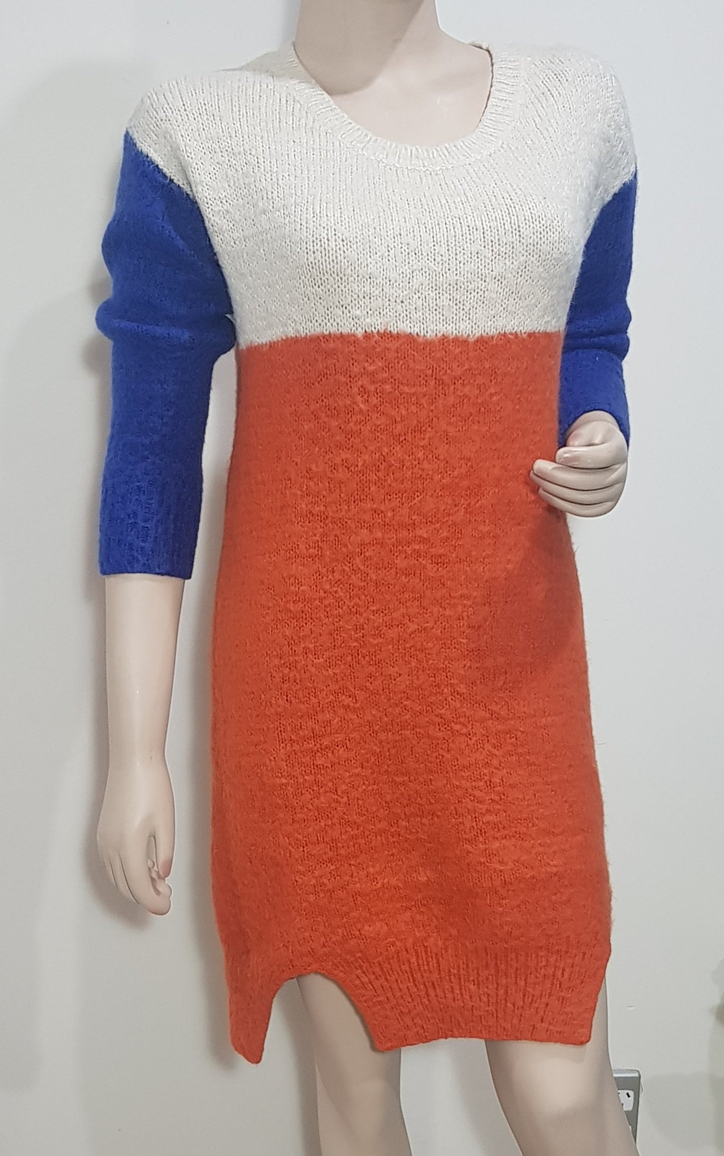 beautiful orange, blue sleeves dress warm fabric in preloved condition