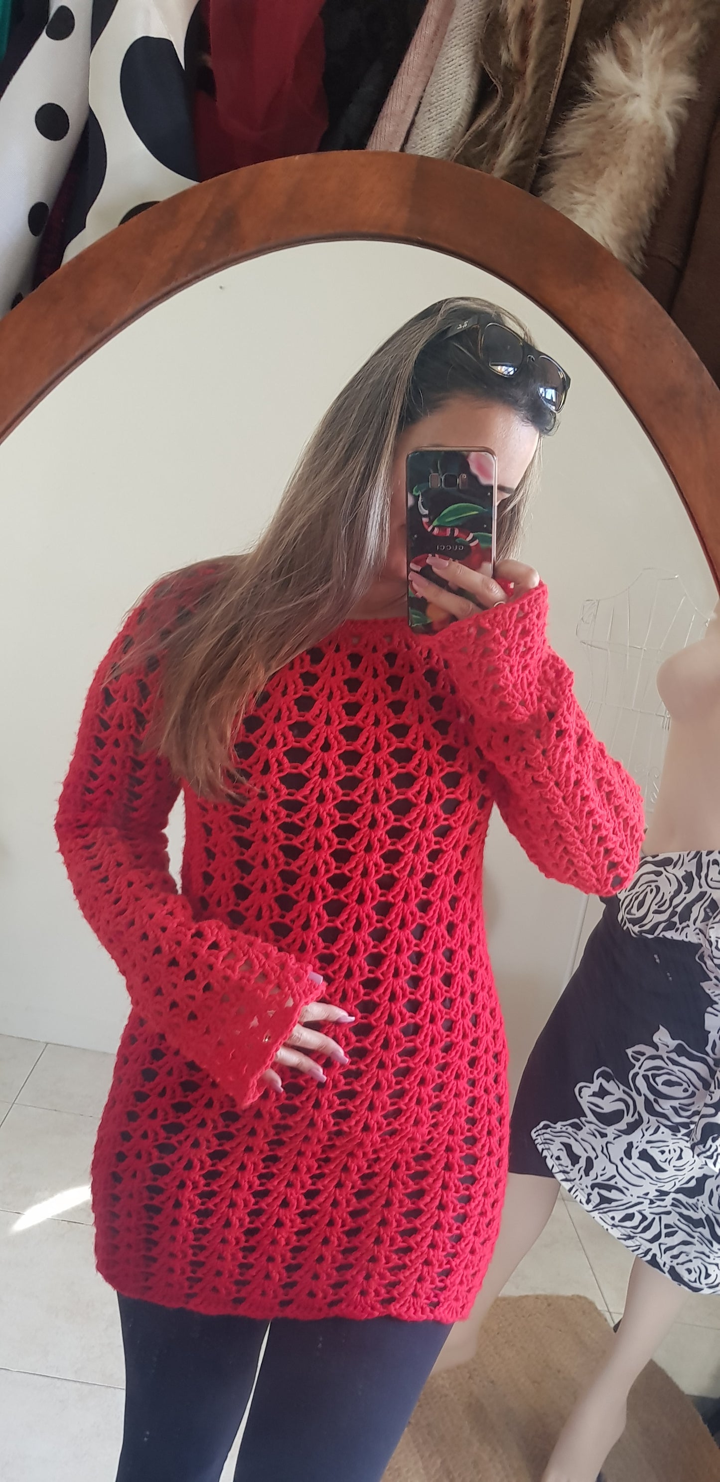 Red crochet Top Pullover - Sweater Knit long sleeve Top