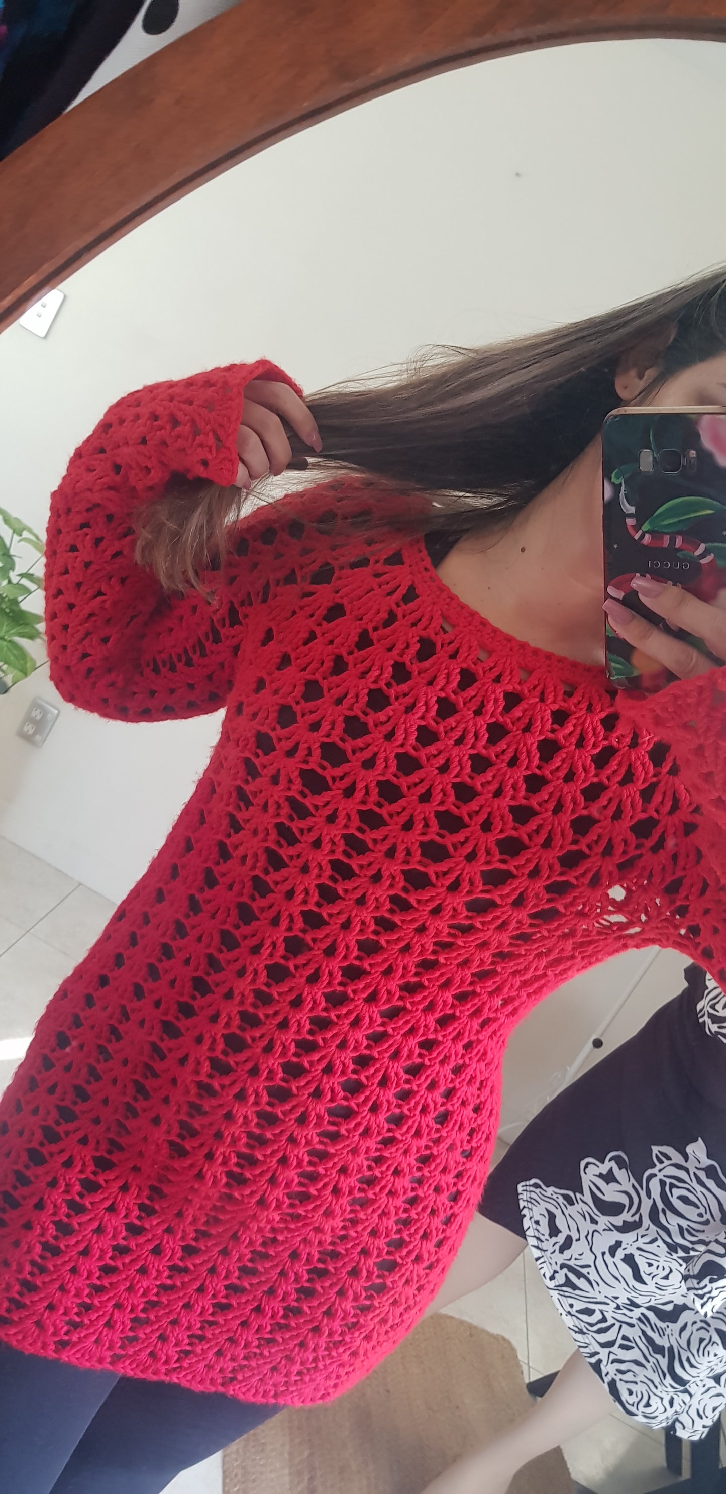 Red crochet Top Pullover - Sweater Knit long sleeve Top