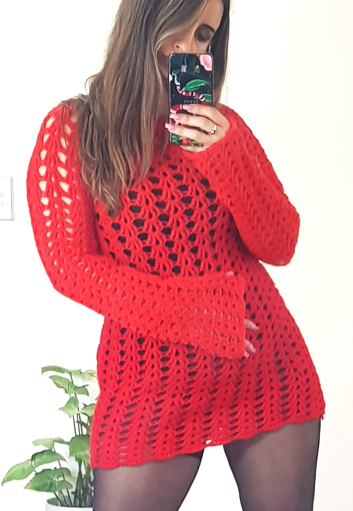 Red crochet Top Pullover - Sweater Knit long sleeve Top