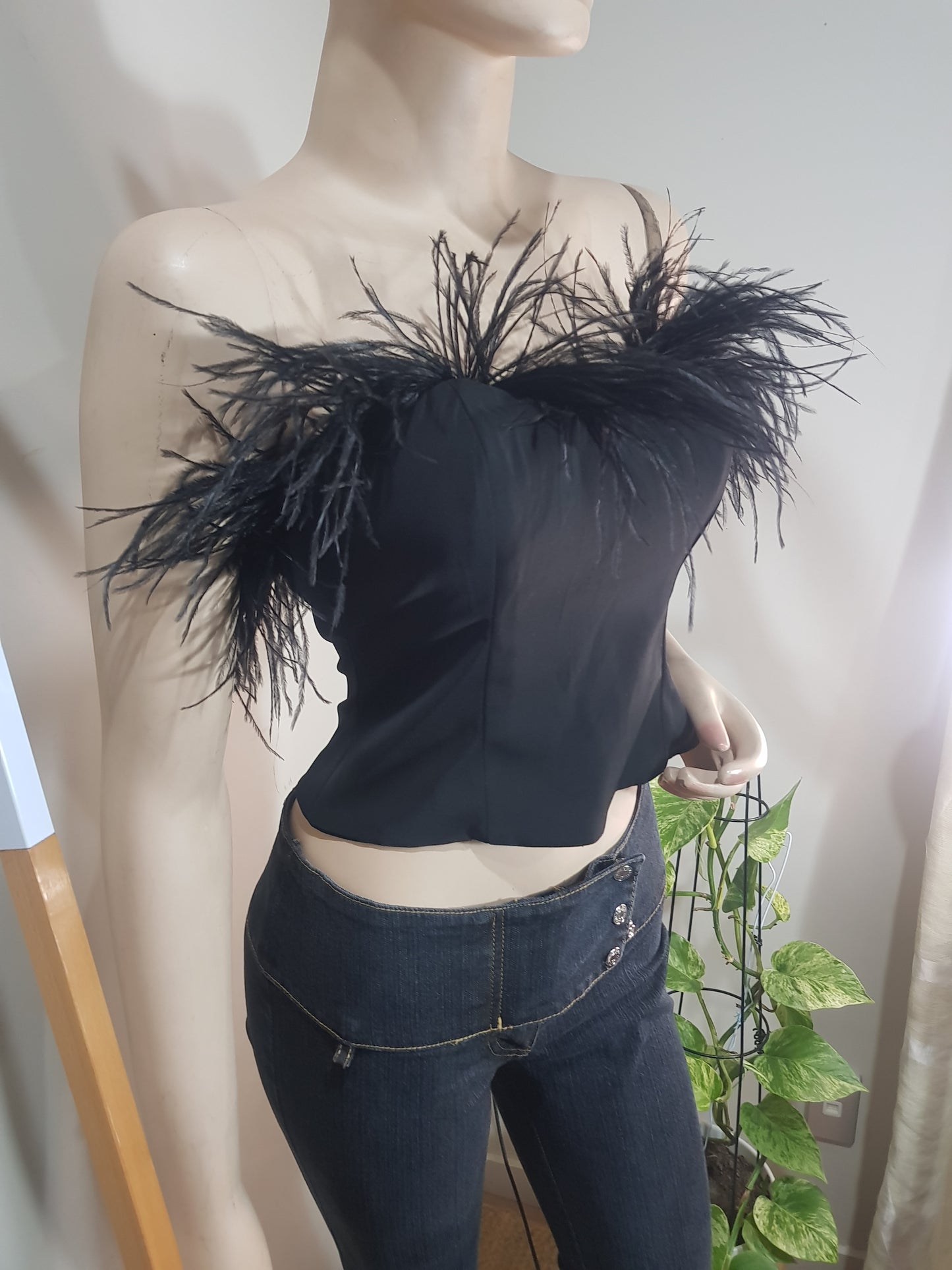LPA Aida crop top - strapless feather top - Black Top.