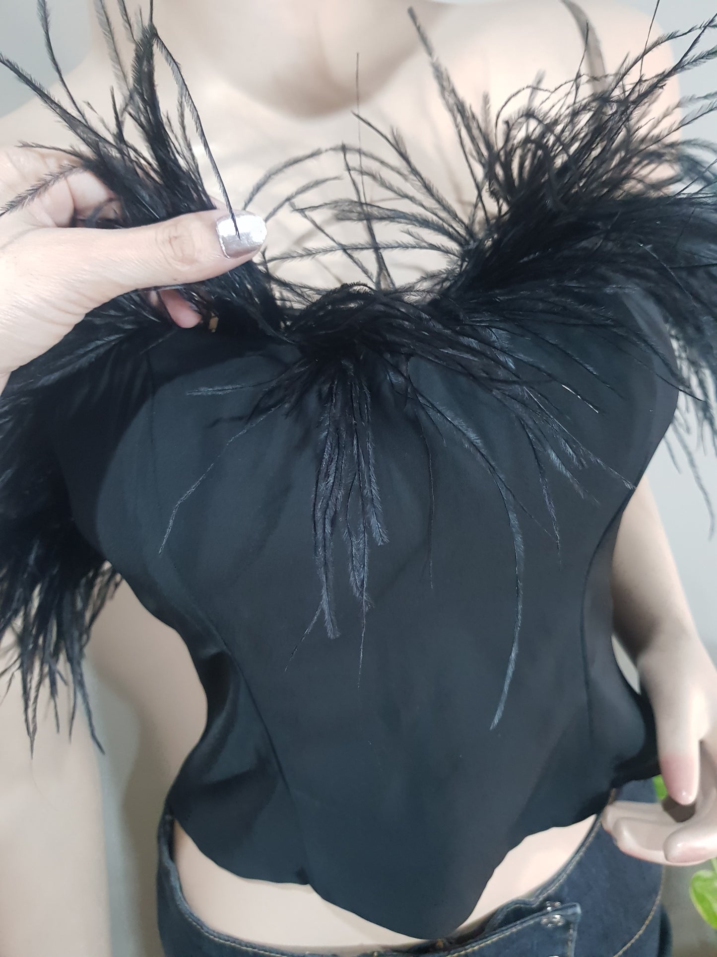 LPA Aida crop top - strapless feather top - Black Top.