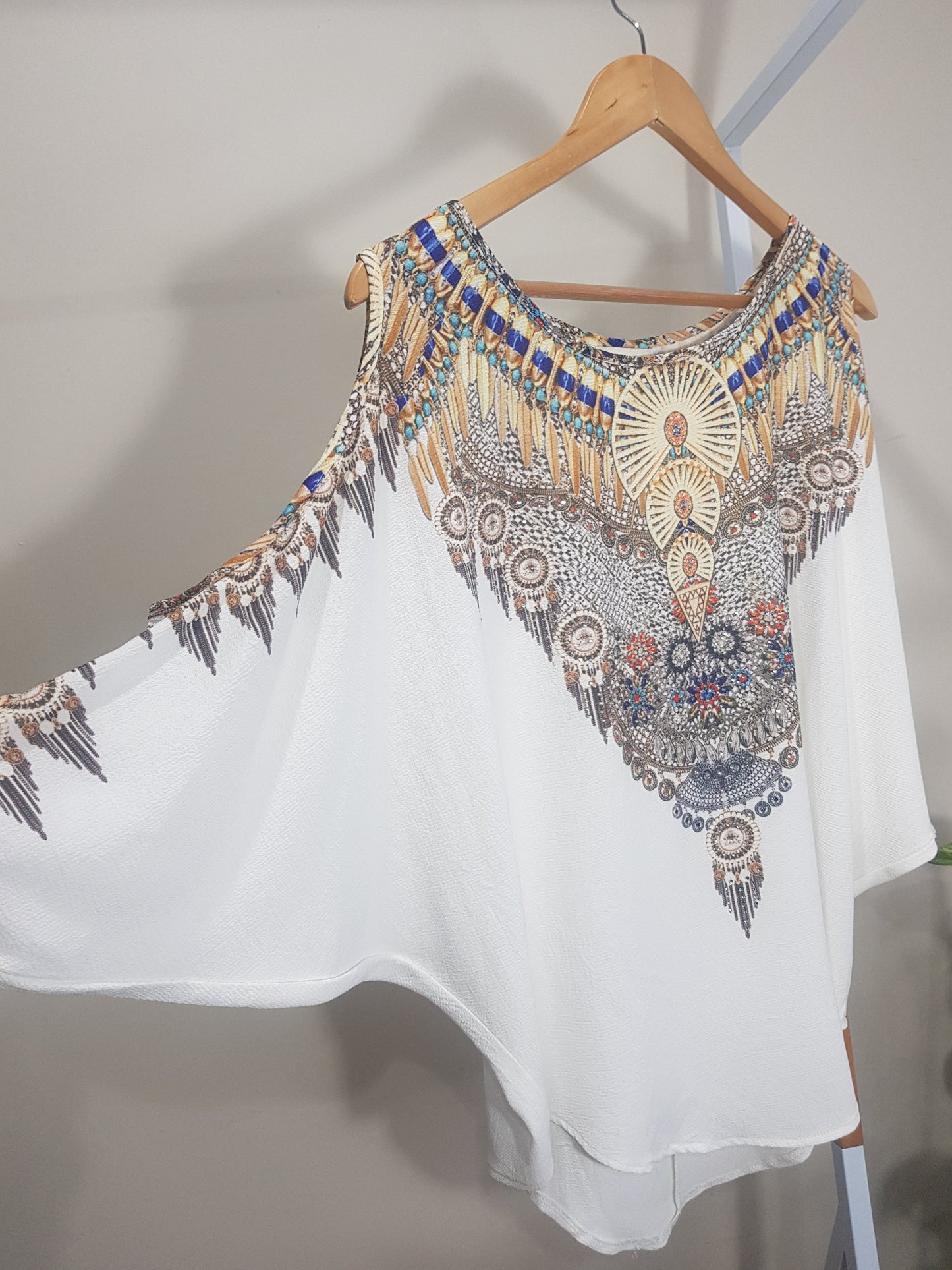 Beautiful bohemian style Blouse - Top - Ladies White Boho Print Open Sleeve Top