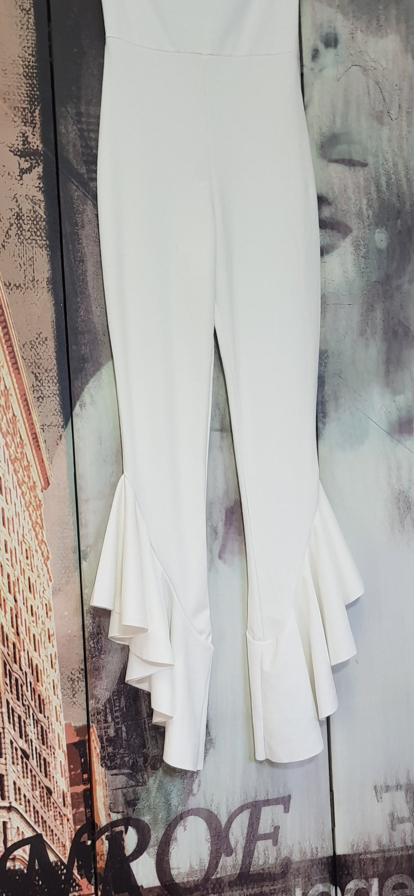 Lovely white flare Jumpsuit - ruffle trim flare leg white pants Spanish vibe