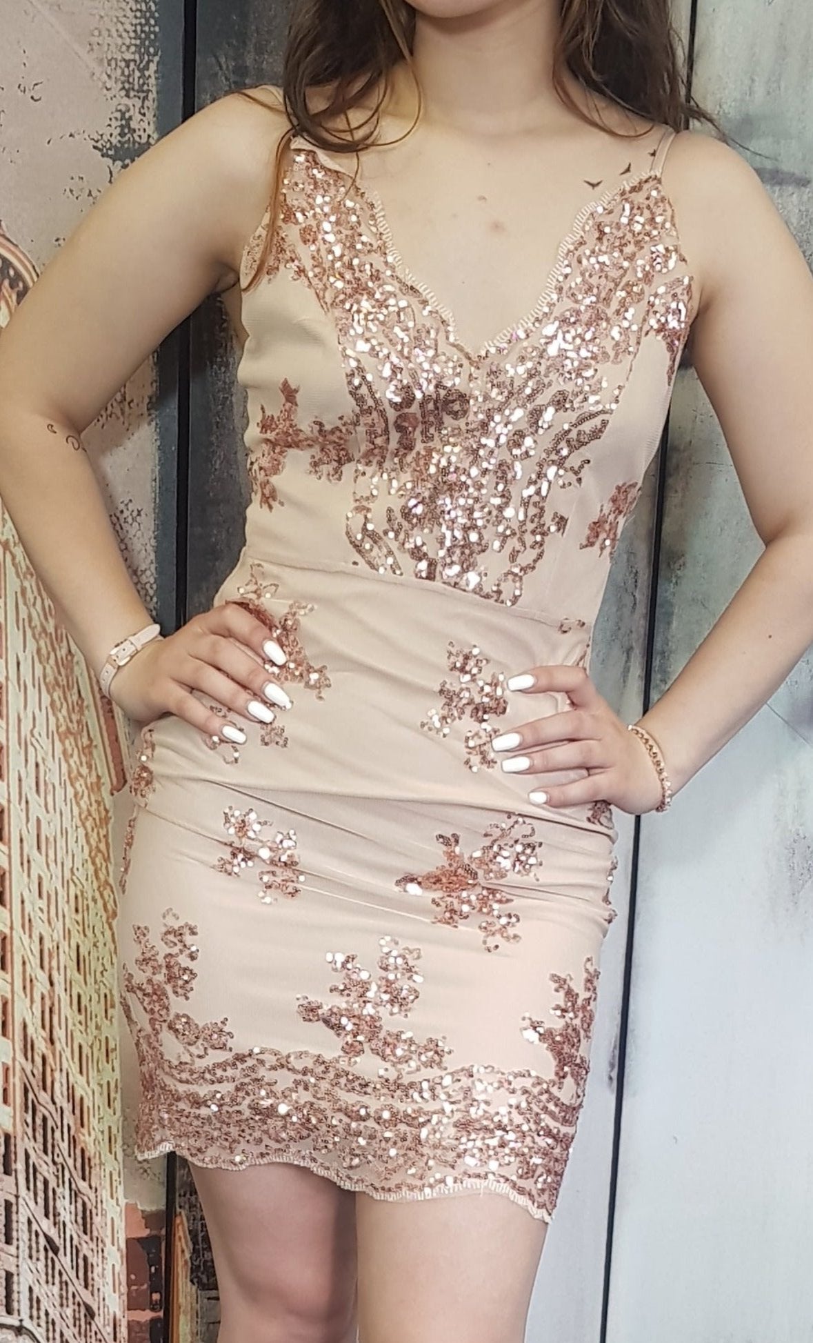 Iyasson Sequined Lace Bodycon Dress in rose gold colour for sale