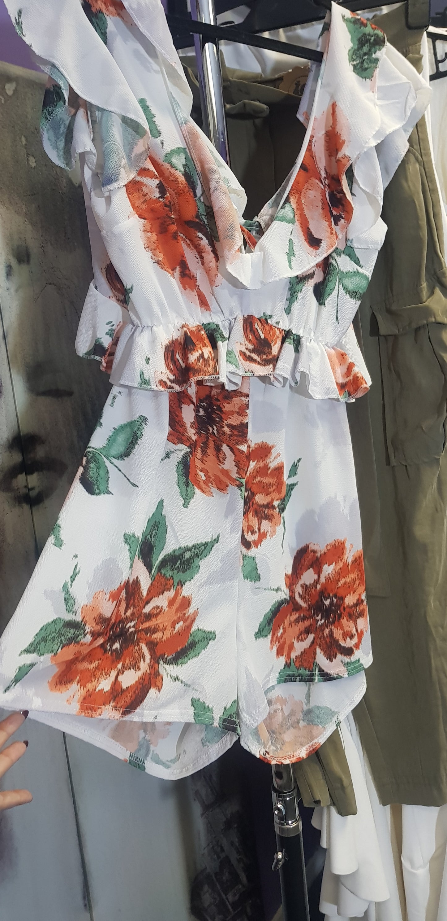White Floral Frill Back Tie Playsuit Size 12UK