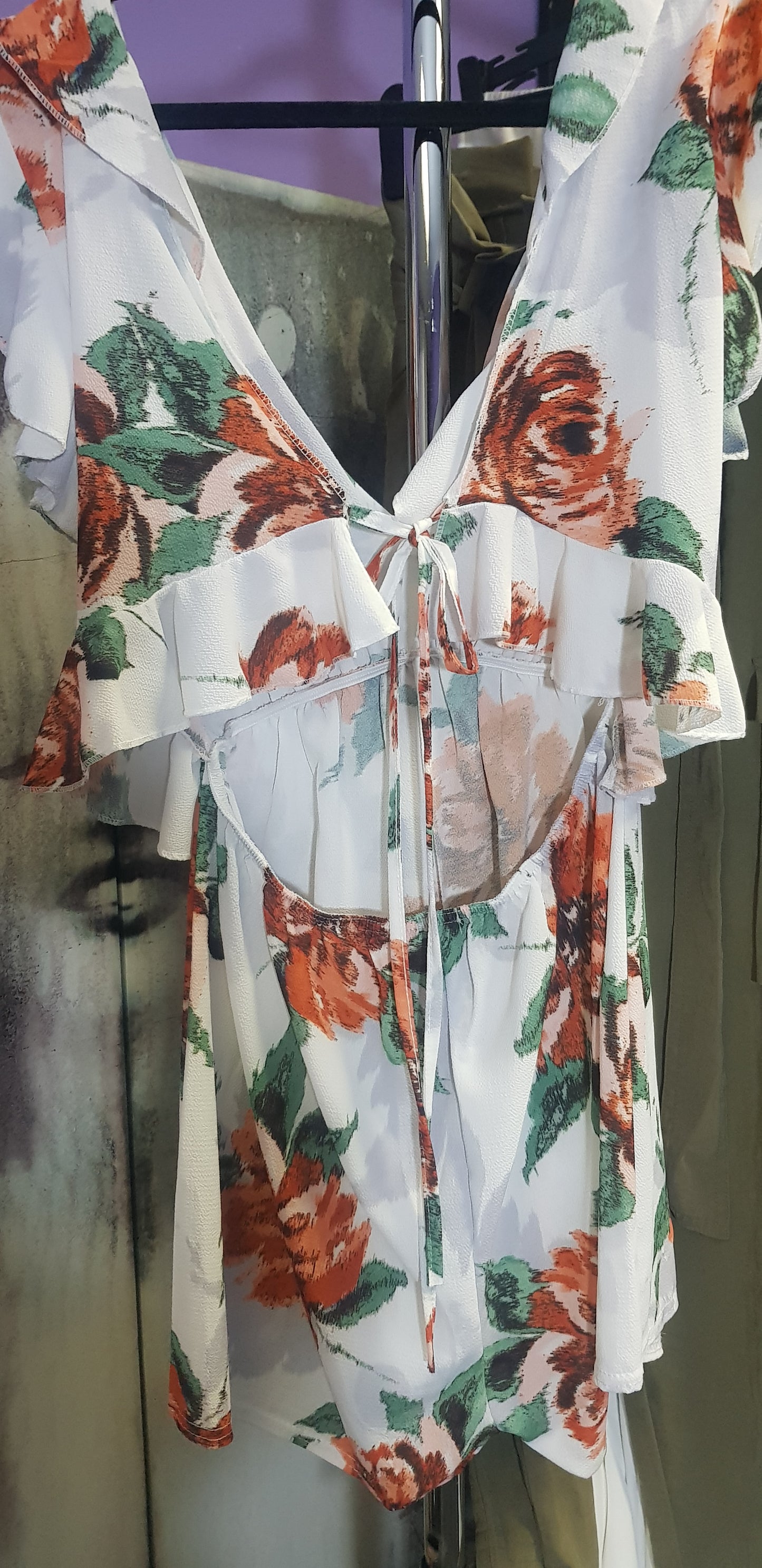 White Floral Frill Back Tie Playsuit Size 12UK