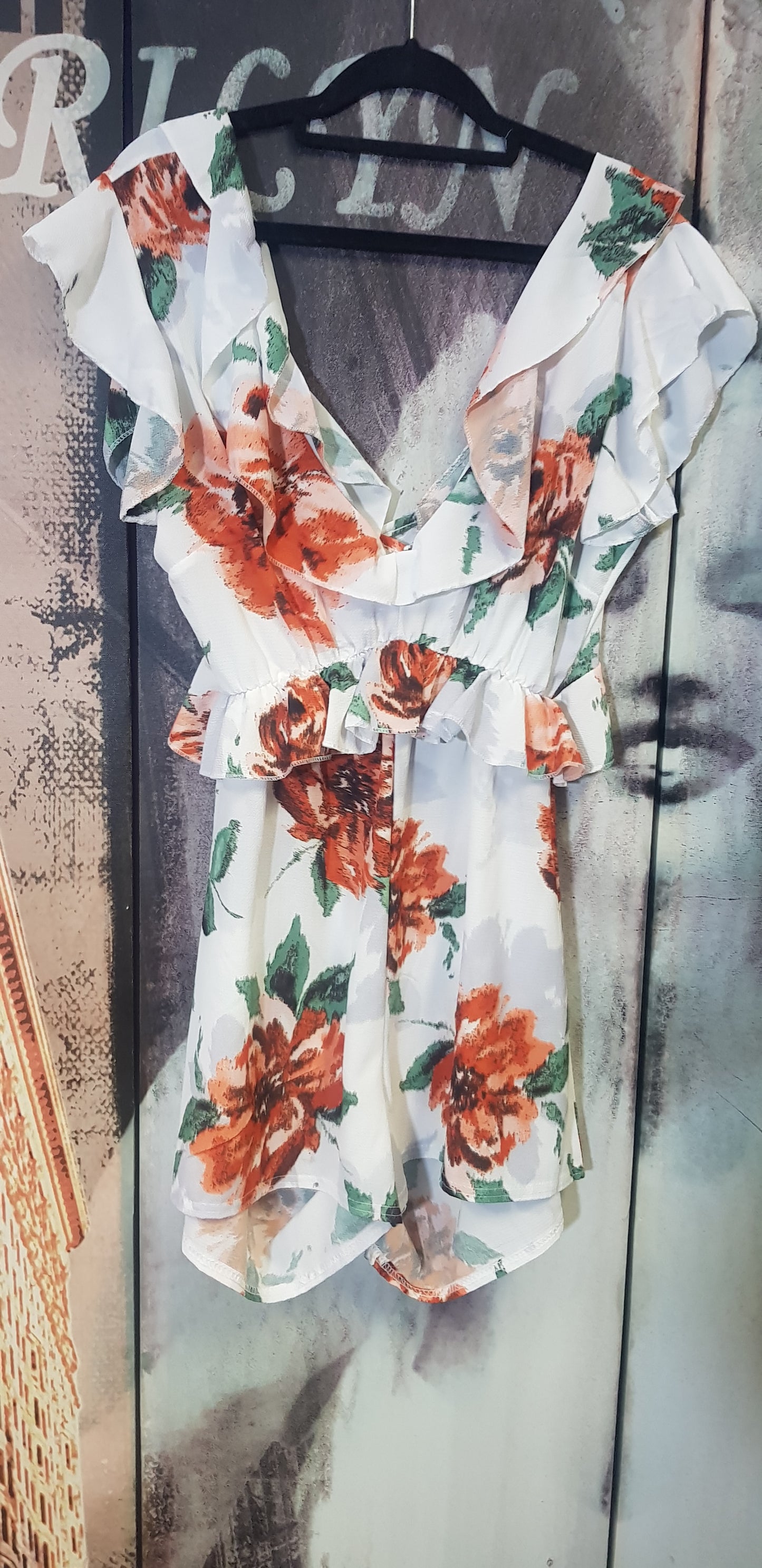 White Floral Frill Back Tie Playsuit Size 12UK