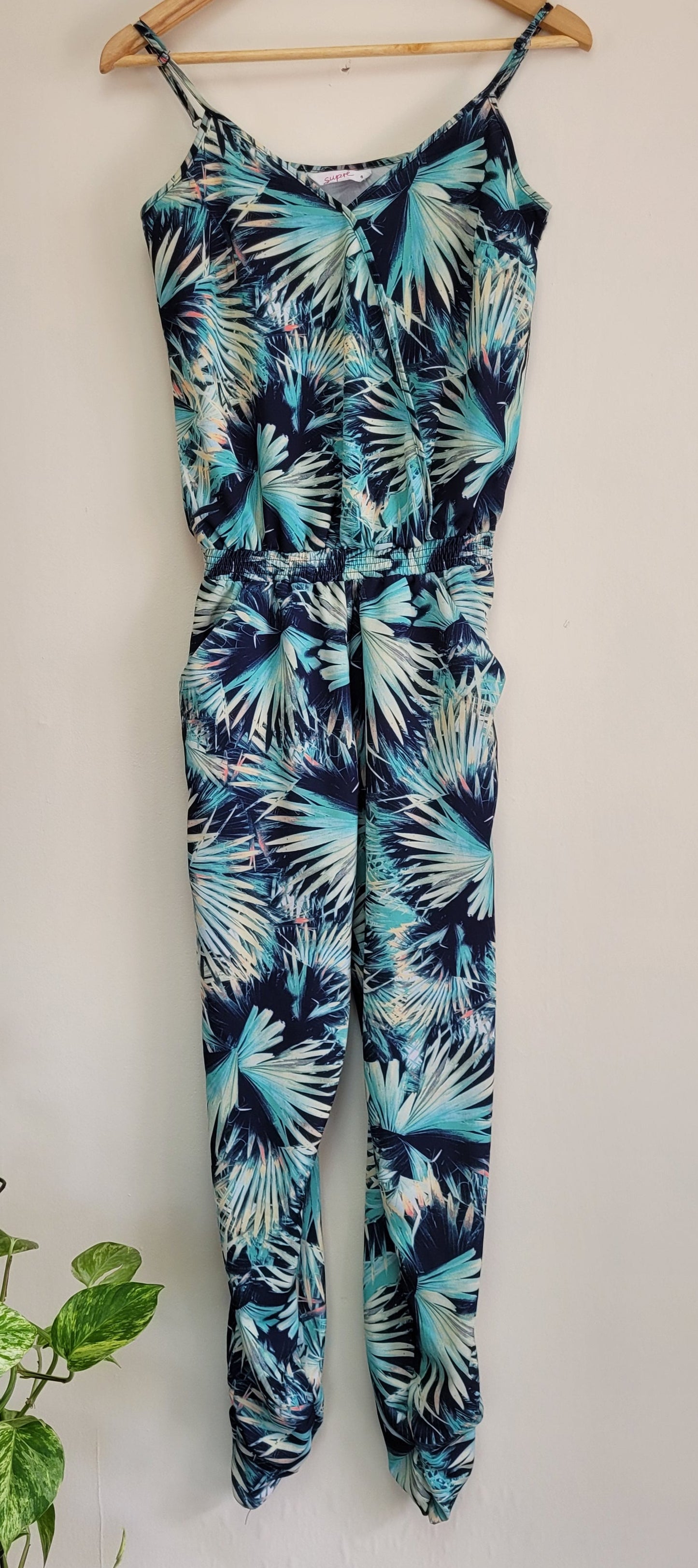 lovely green and blue jumpsuit in cami style in good preloved condition.