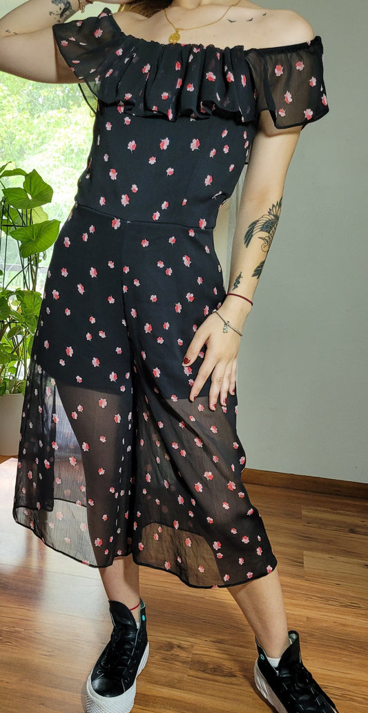 lack ruffle culotte jumpsuit with a floral pattern, in size small available for sale in Auckland