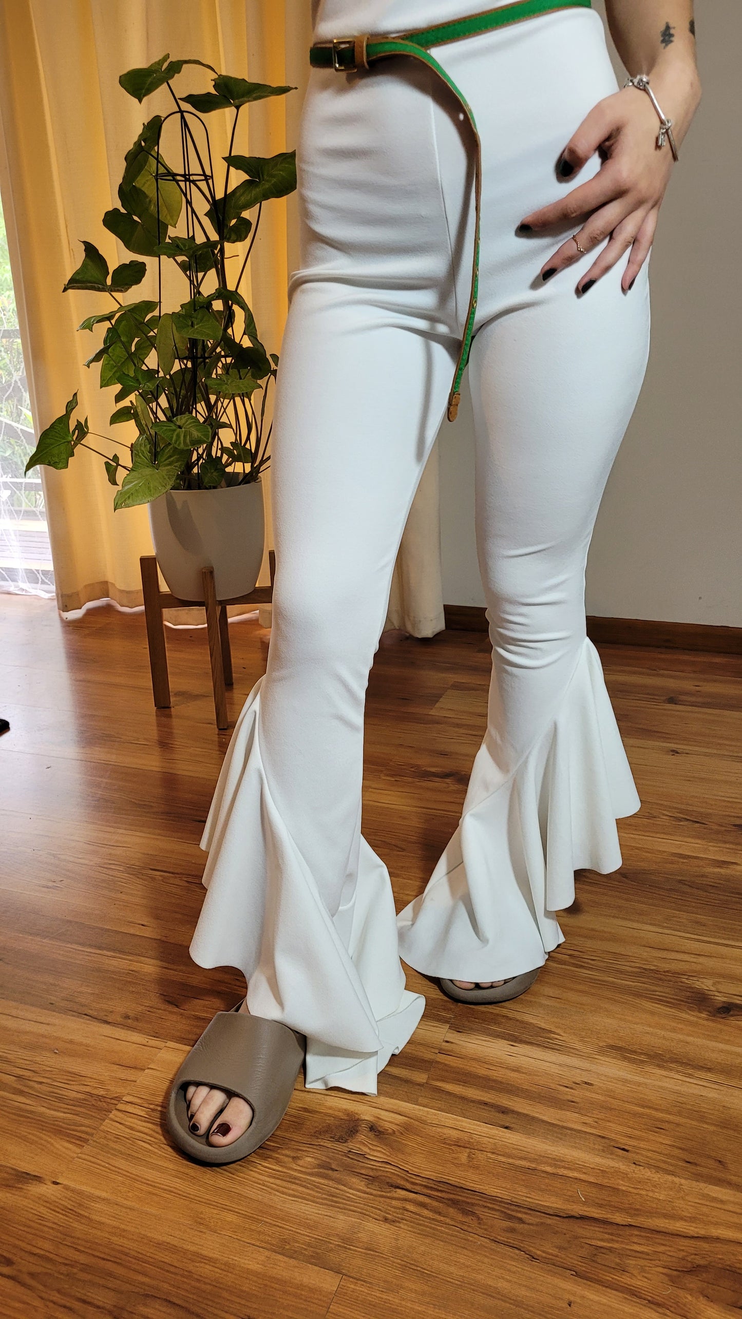 Lovely white flare Jumpsuit - ruffle trim flare leg white pants Spanish vibe