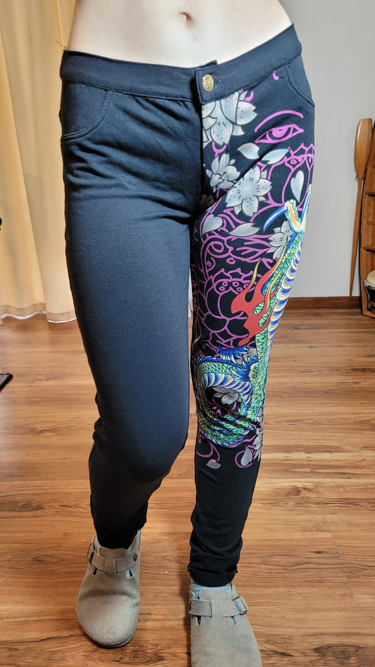 lovely black dragon printed pants preloved trousers in good preloved condition size medium in auckland
