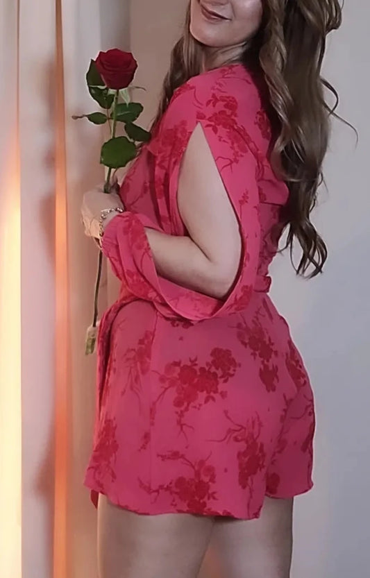 hot pink floral long sleeve romper with a tie belt, by H&M brand in good preloved condition, Size M for sale in Ackland