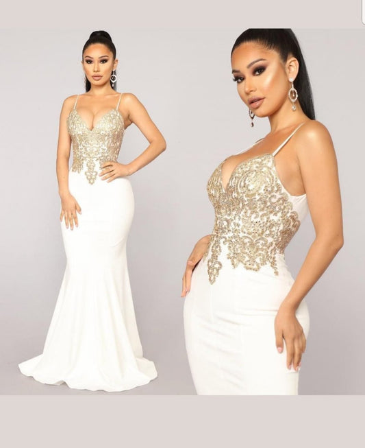 Evening  Dress In Paris Embellished Dress - Cream Gold Dress