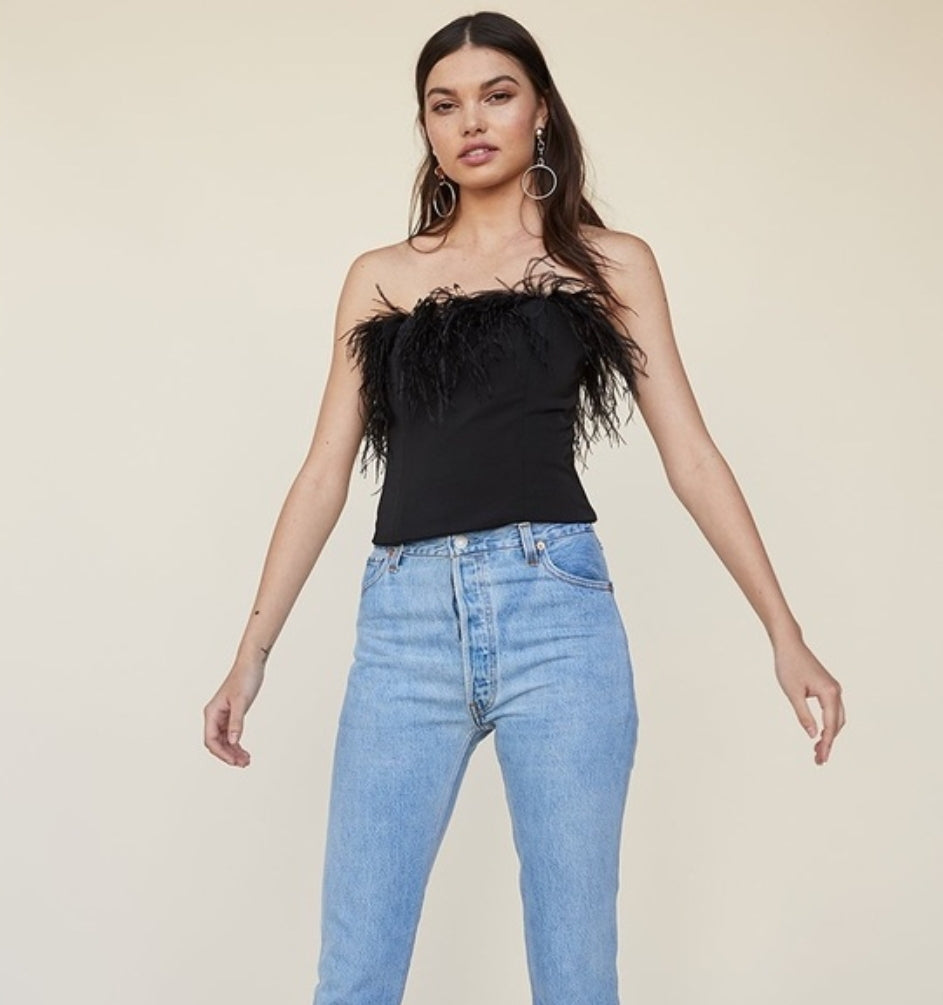 LPA Aida crop top - strapless feather top - Black Top.