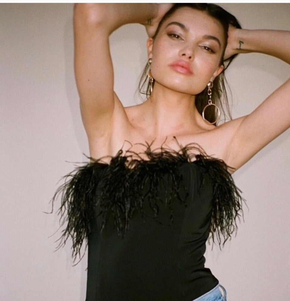 LPA Aida crop top - strapless feather top - Black Top.