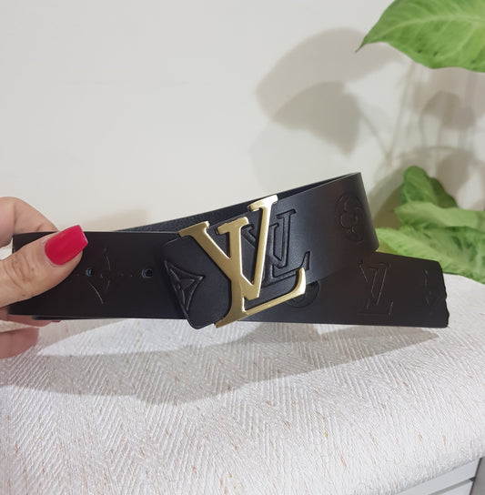 brown Louis Vuitton belt with gold LV for sale