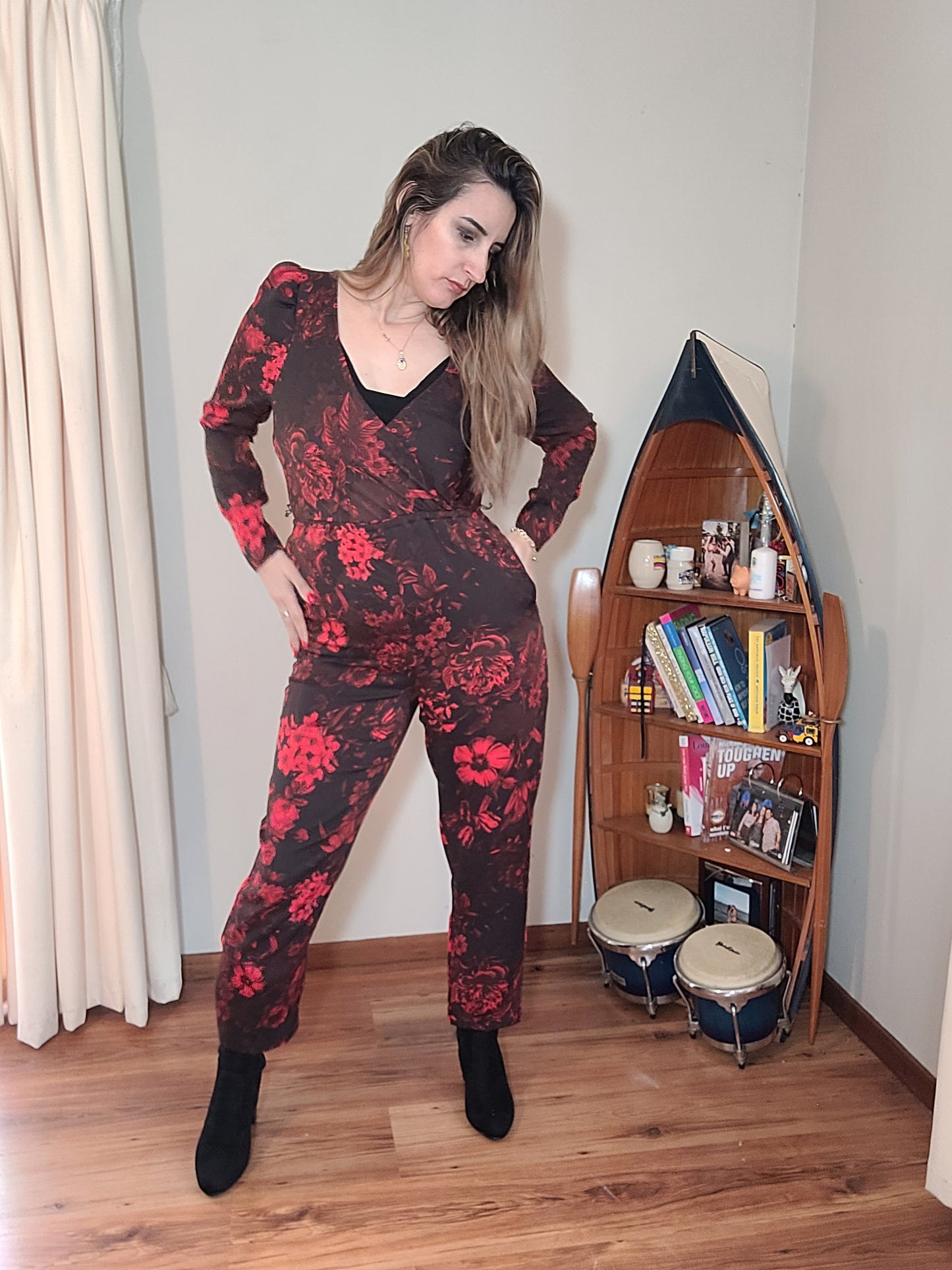 H&M red and black floral jumpsuit - Puff-sleeved jumpsuit