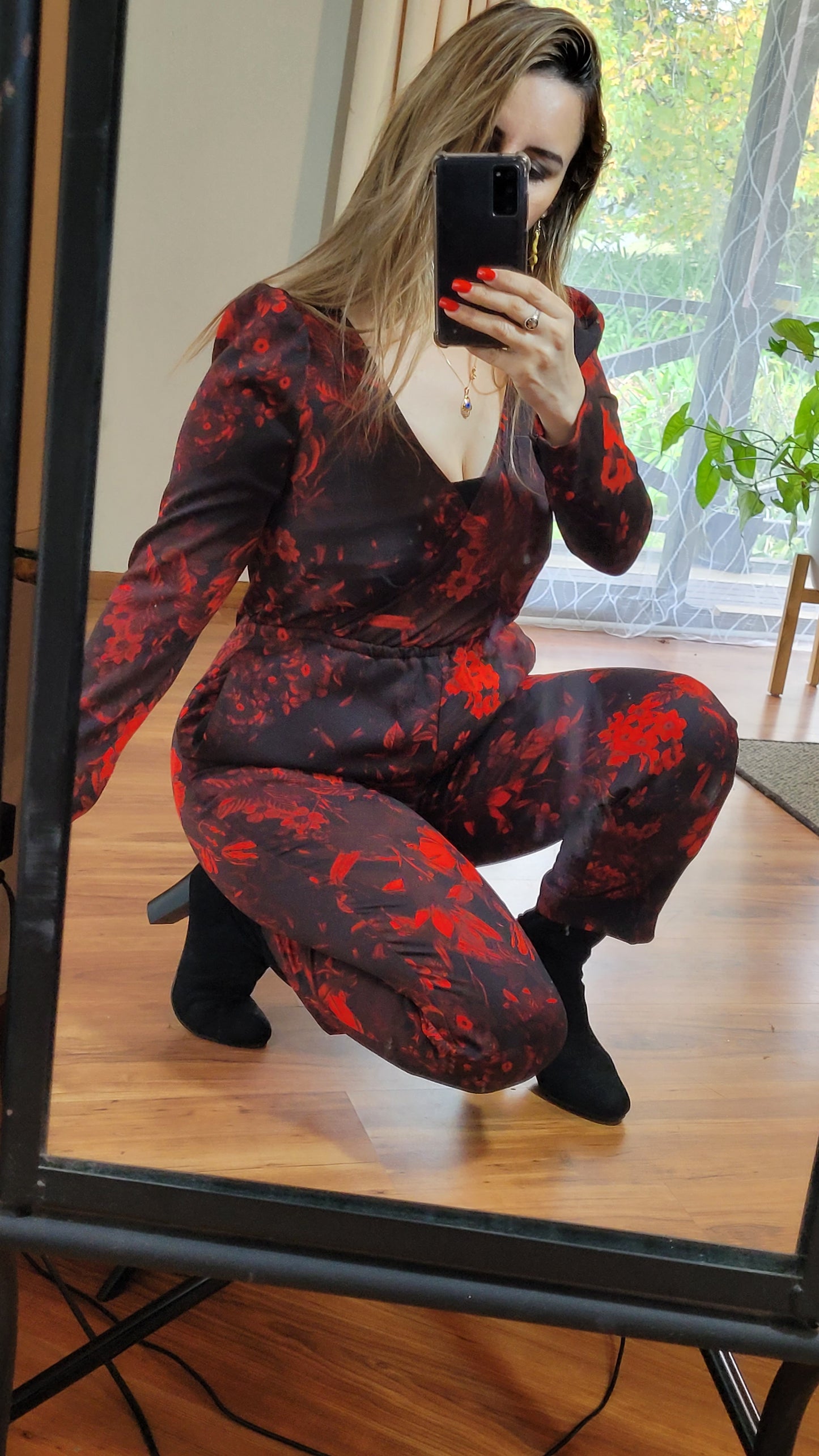 H&M red and black floral jumpsuit - Puff-sleeved jumpsuit