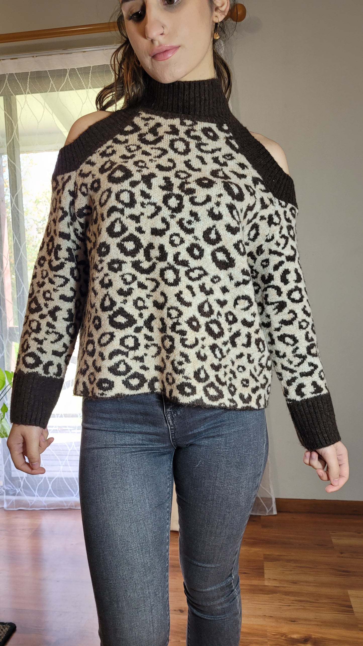 Cold-Shoulder Animal Print Sweater Top