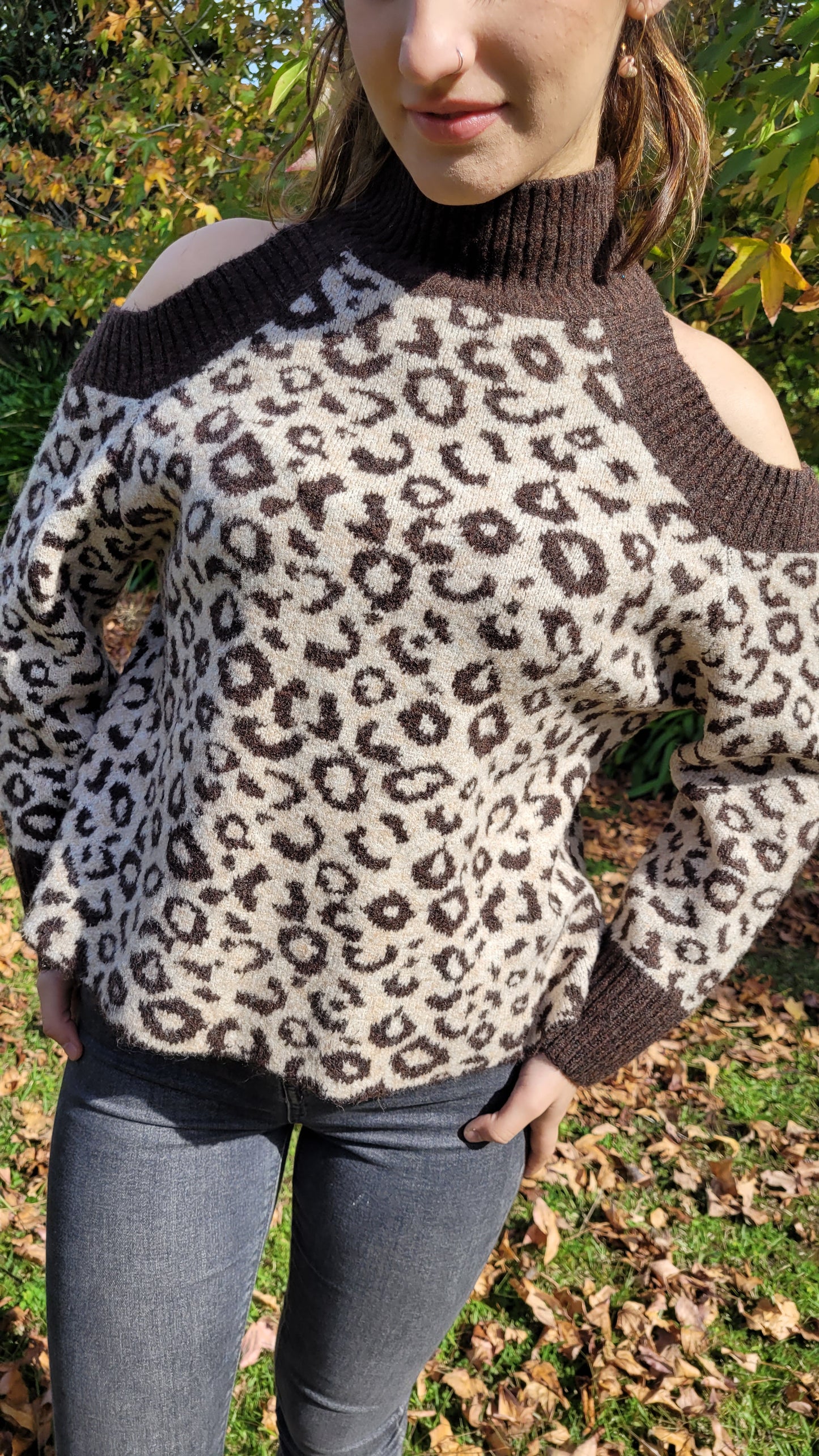 Cold-Shoulder Animal Print Sweater Top