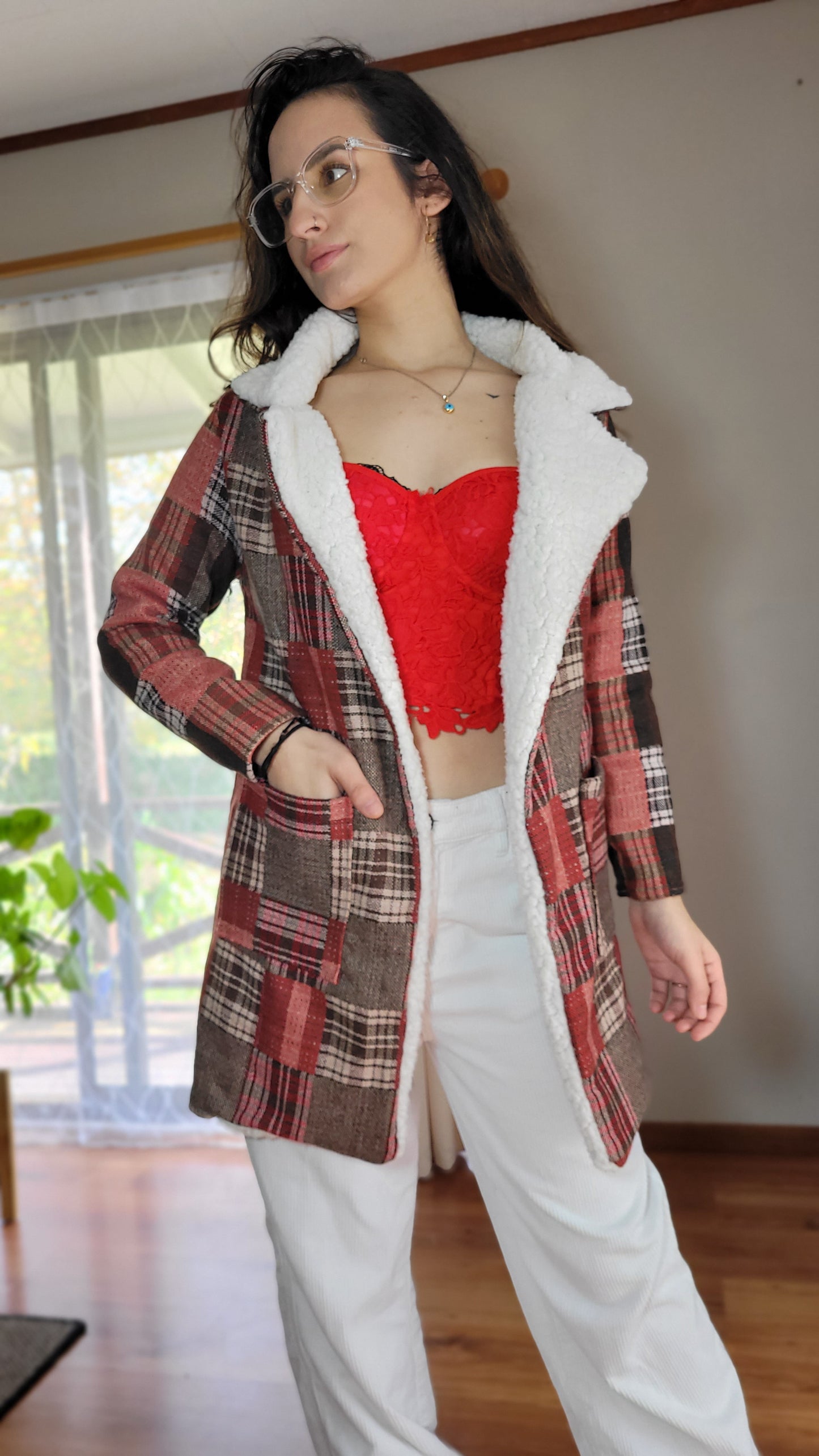 Plaid Fur trim Coat - Preloved Coat